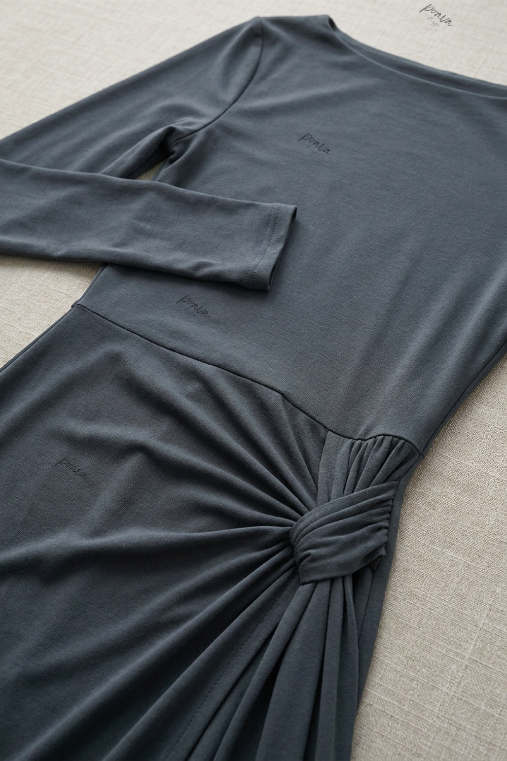 Dark Grey Jersey Knit Dress with Draped Flowing Skirt and Side Knot Detail dark grey jersey knit dress - product view 6