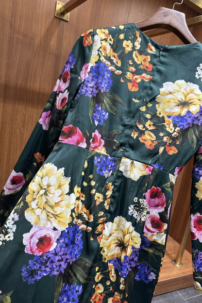 Dark Forest Green Satin Floral A-Line Midi Dress dark forest green satin dress - product view 6