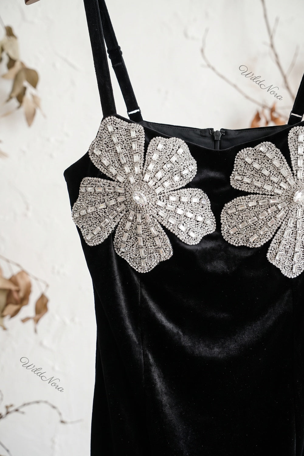 Black Velvet Column Dress with Silver Rhinestone Flower Embellishments black velvet dress - product view 6