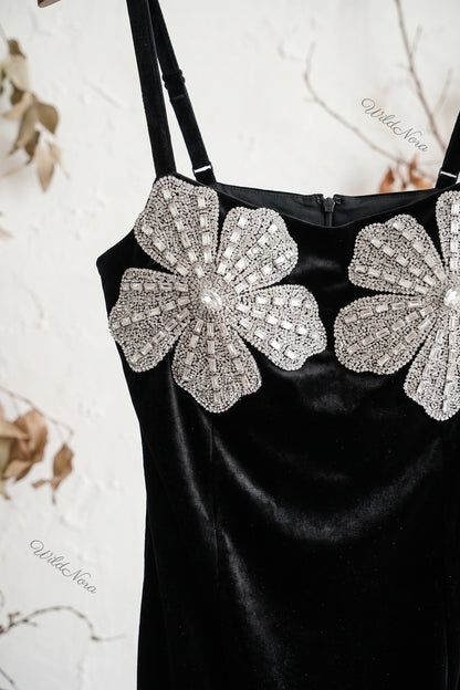 Black Velvet Column Dress with Silver Rhinestone Flower Embellishments black velvet dress - product view 6