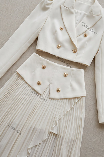 Off-White Two-Piece Set - Structured Cropped Blazer with Pleated Maxi Skirt Off-white, Cream Structured crepe suiting fabric Two-piece set (cropped blazer and maxi skirt) - product view 6