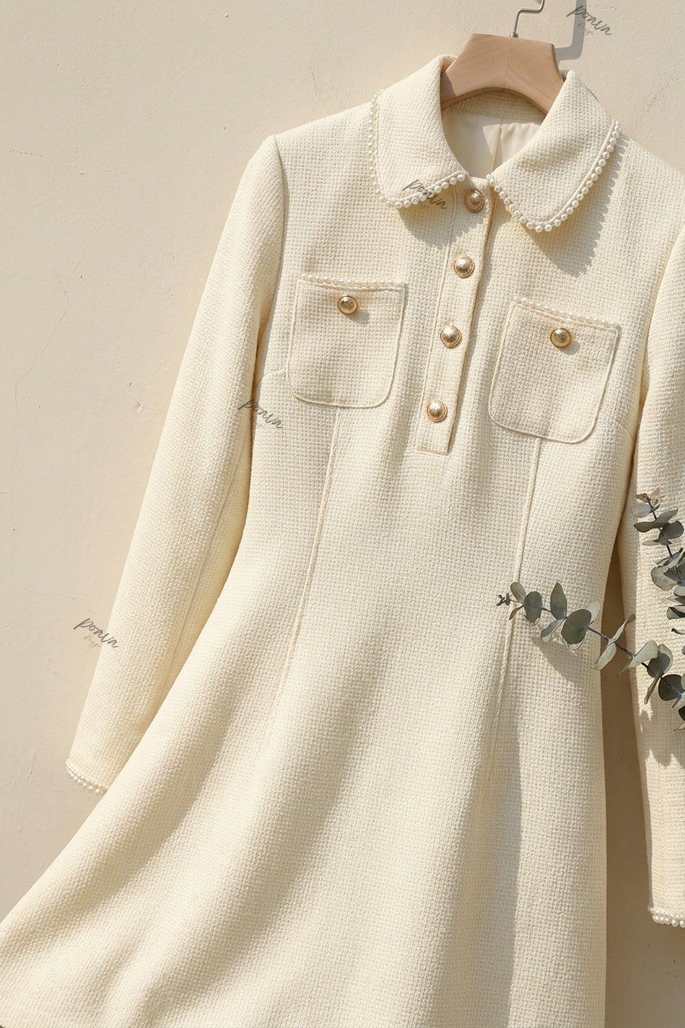 Cream Textured Woven Bouclé A-Line Mini Dress cream textured woven bouclé or heavy crepe dress - product view 6