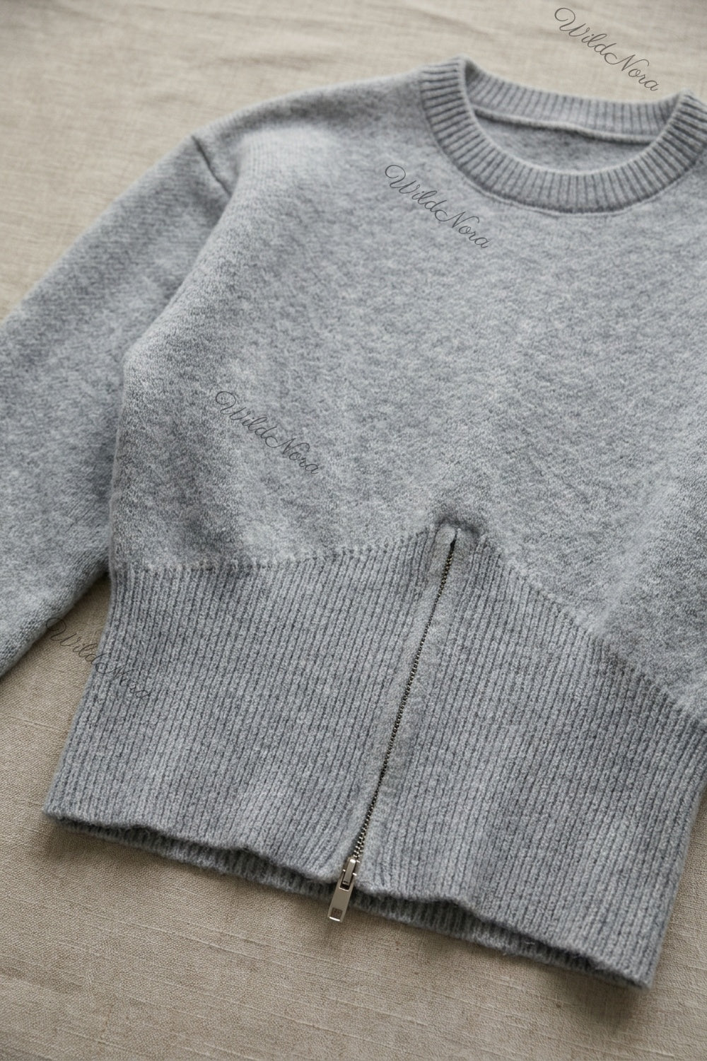 Heather Grey Knit Wool Blend Relaxed Sweater with Fitted Waist heather grey knit wool blend sweater - product view 6
