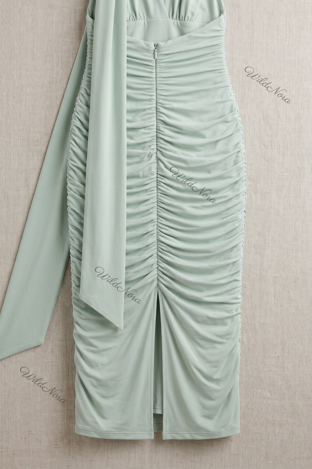 Mint Green Stretch Jersey Bodycon Midi Dress with Ruched Detail mint green stretch jersey dress - product view 6