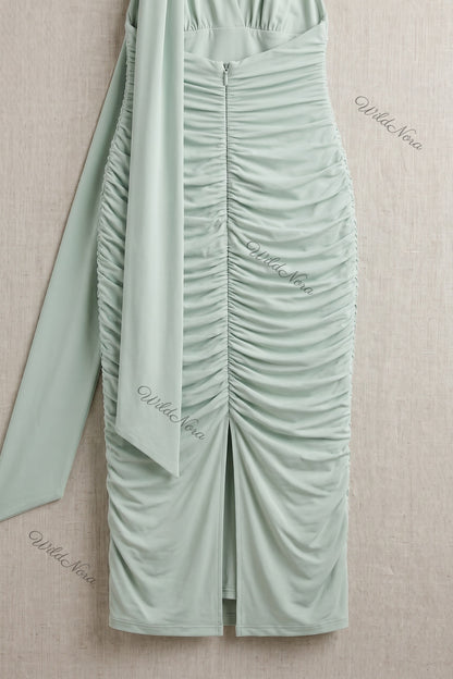 Mint Green Stretch Jersey Bodycon Midi Dress with Ruched Detail mint green stretch jersey dress - product view 6
