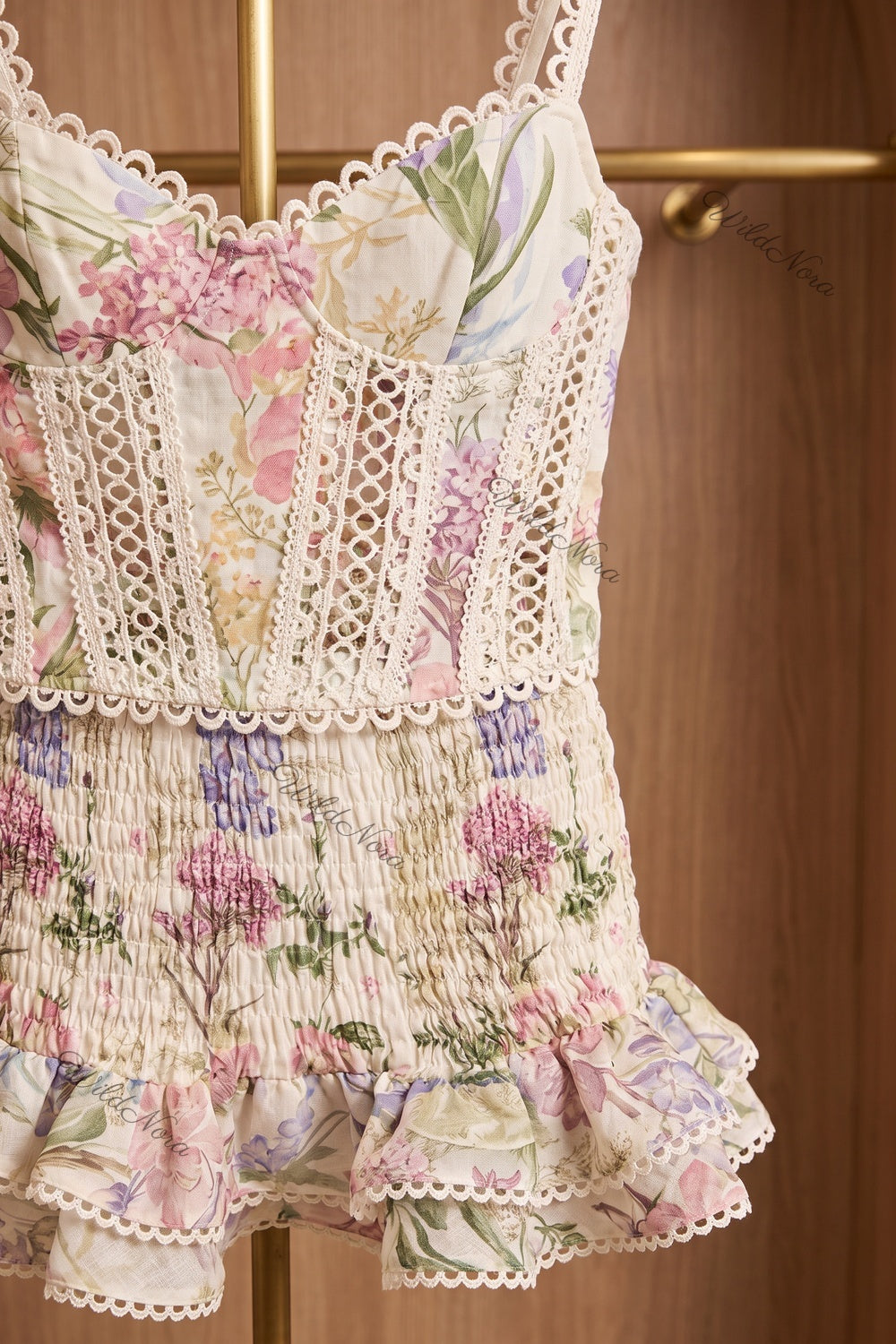 Floral Corset Two-Piece Set with Smocked Mini Skirt off-white, cream cotton-linen blend two-piece set - product view 6