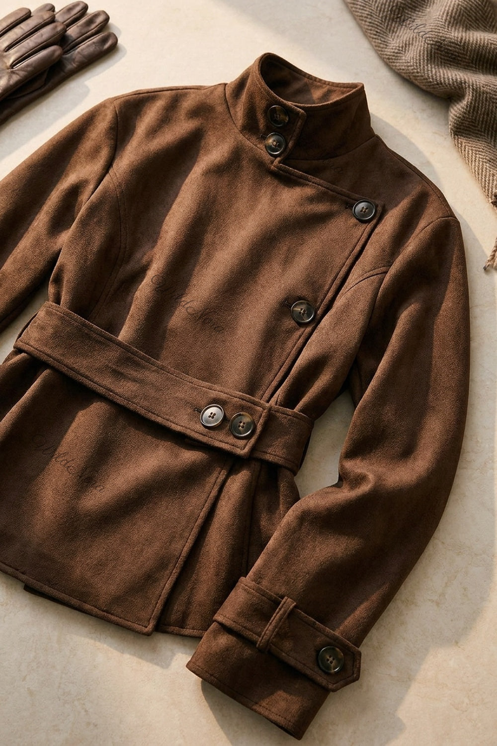 Chocolate Brown Faux-Suede Structured Belted Jacket chocolate brown faux-suede jacket - product view 6
