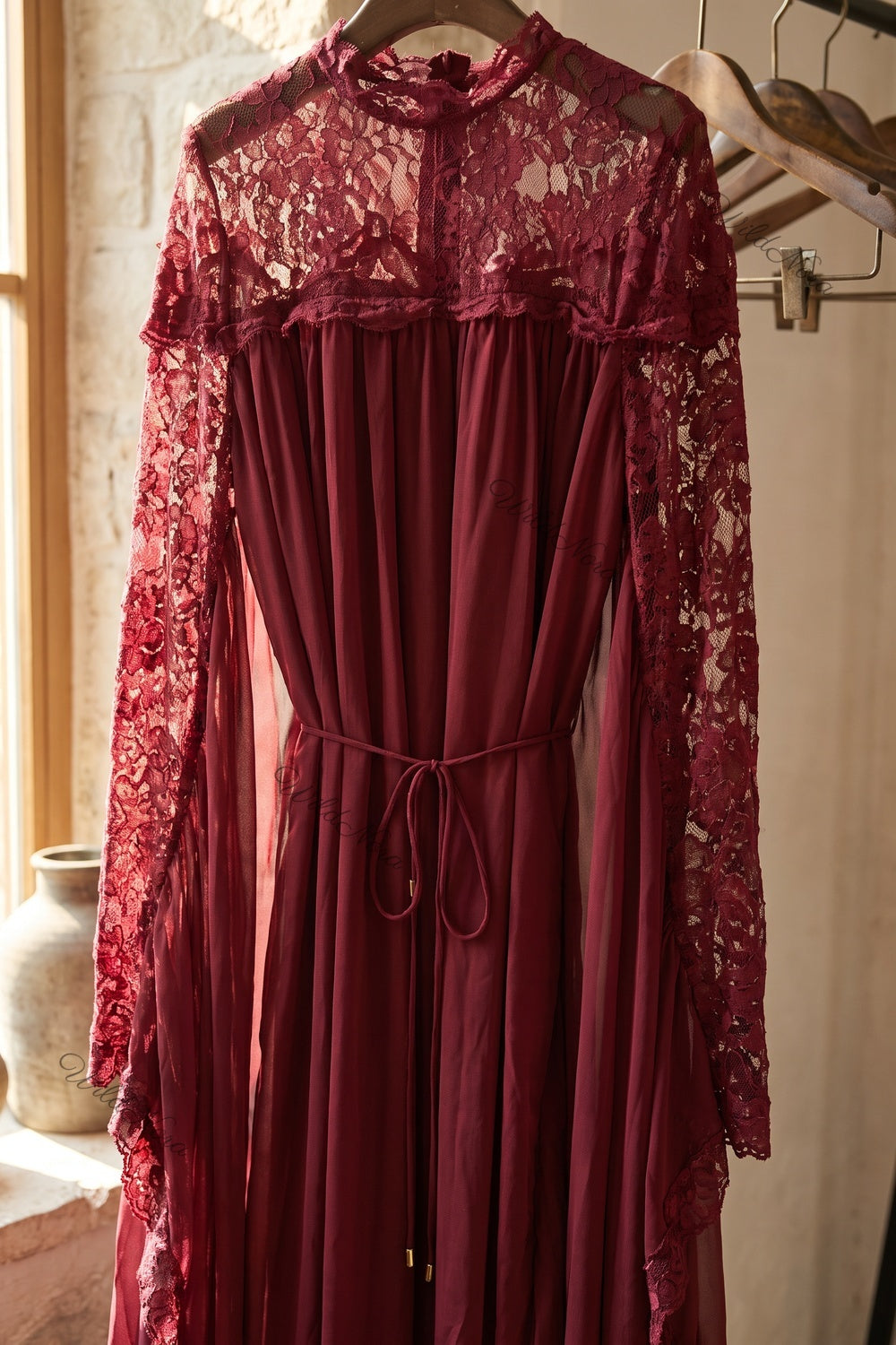 Burgundy Chiffon Cape Sleeve Maxi Dress with Floral Lace Yoke Burgundy Chiffon Maxi dress with cape overlay - product view 6