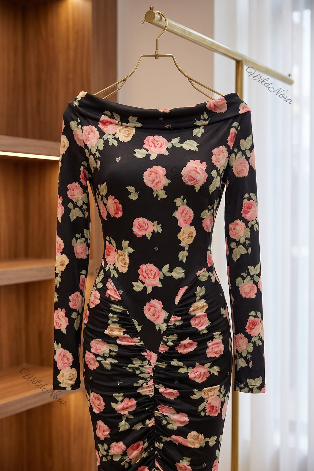 Black Floral Bodycon Midi Dress with Asymmetrical Off-the-Shoulder black stretch knit dress - product view 6