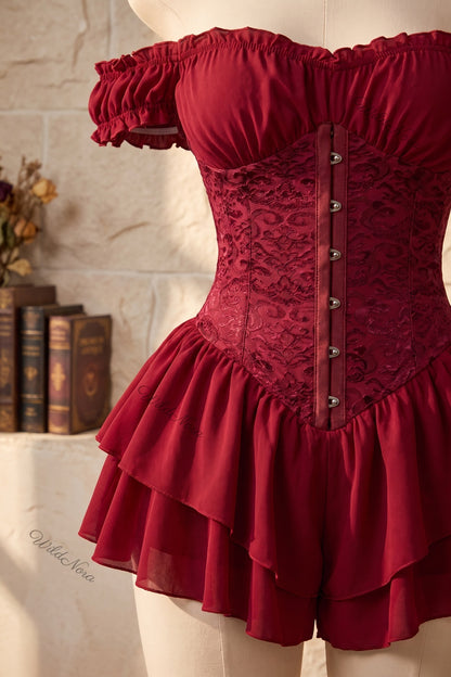 Burgundy Chiffon Corset Romper with Lace Overlay burgundy chiffon corset romper - product view 6