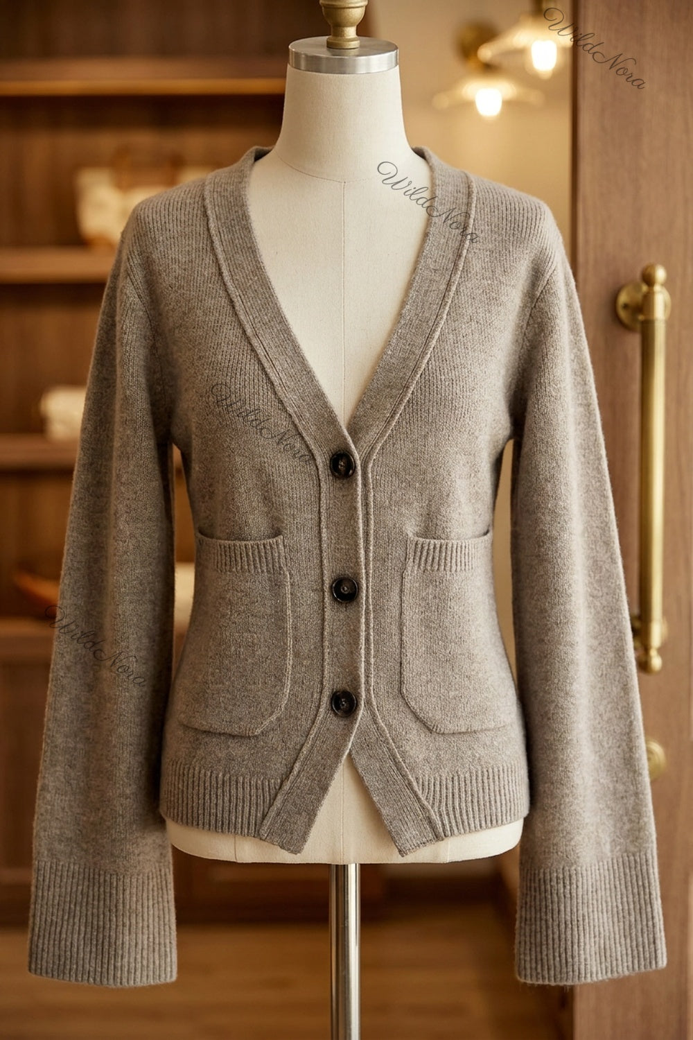 Taupe Fine-Knit Wool or Cashmere Blend Cardigan with Bell Sleeves taupe, melange beige fine knit wool or cashmere blend cardigan - product view 6