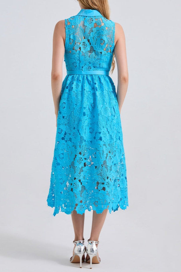 Collar Sleeveless High Waist Slim Dress In Blue