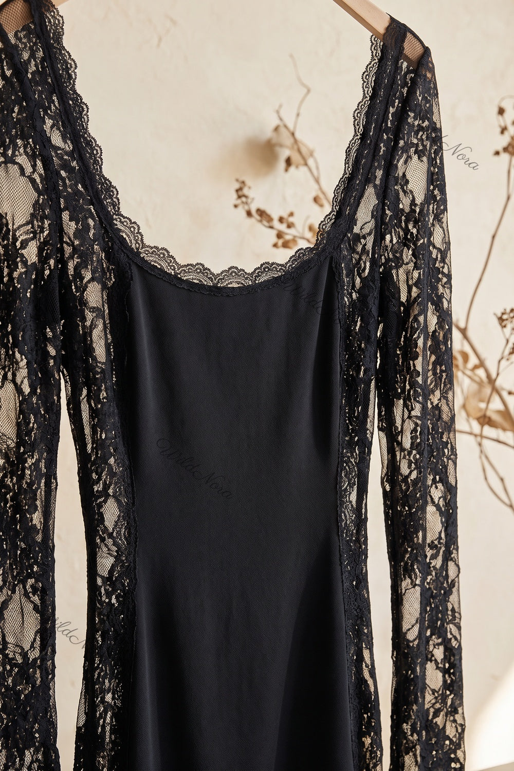 Black Matte Crepe Column Evening Gown with Sheer Floral Lace black matte crepe evening gown - product view 7