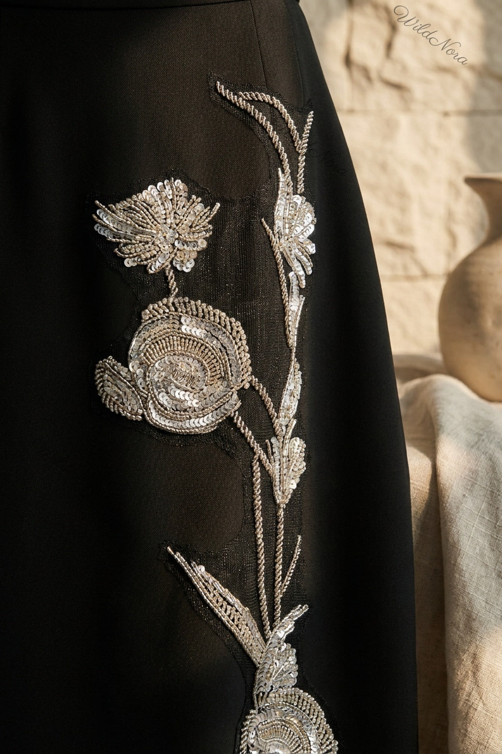 Black Structured Crepe Straight Midi Skirt with Silver Floral Beadwork black structured woven crepe skirt - product view 7