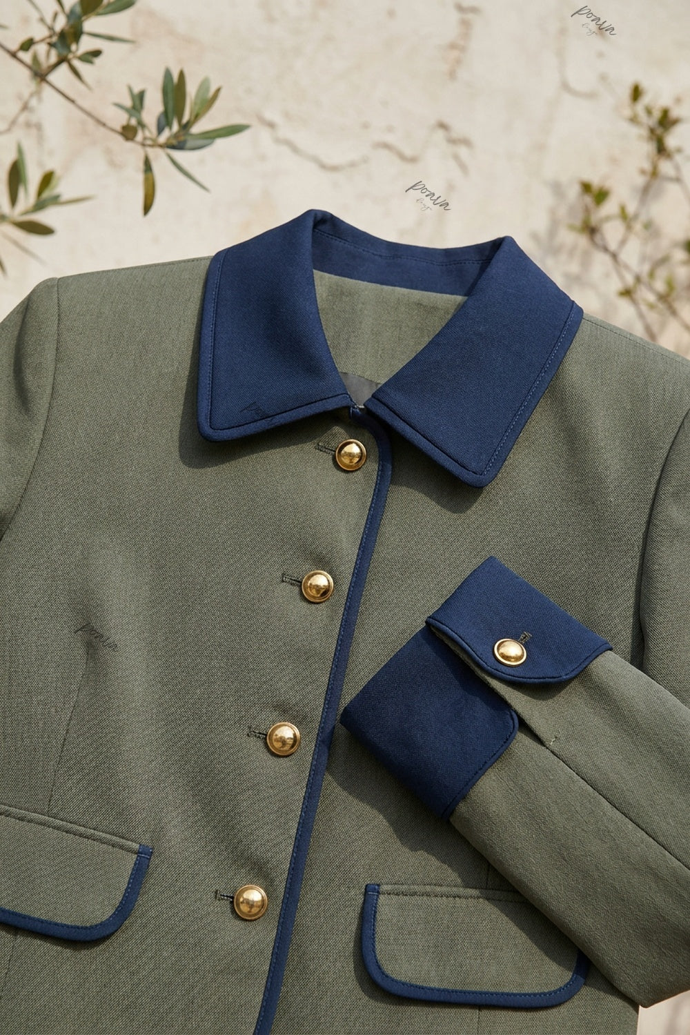 Olive Green Structured Boxy Cropped Jacket with Navy Contrast Trim olive green woven suiting fabric cropped jacket - product view 7