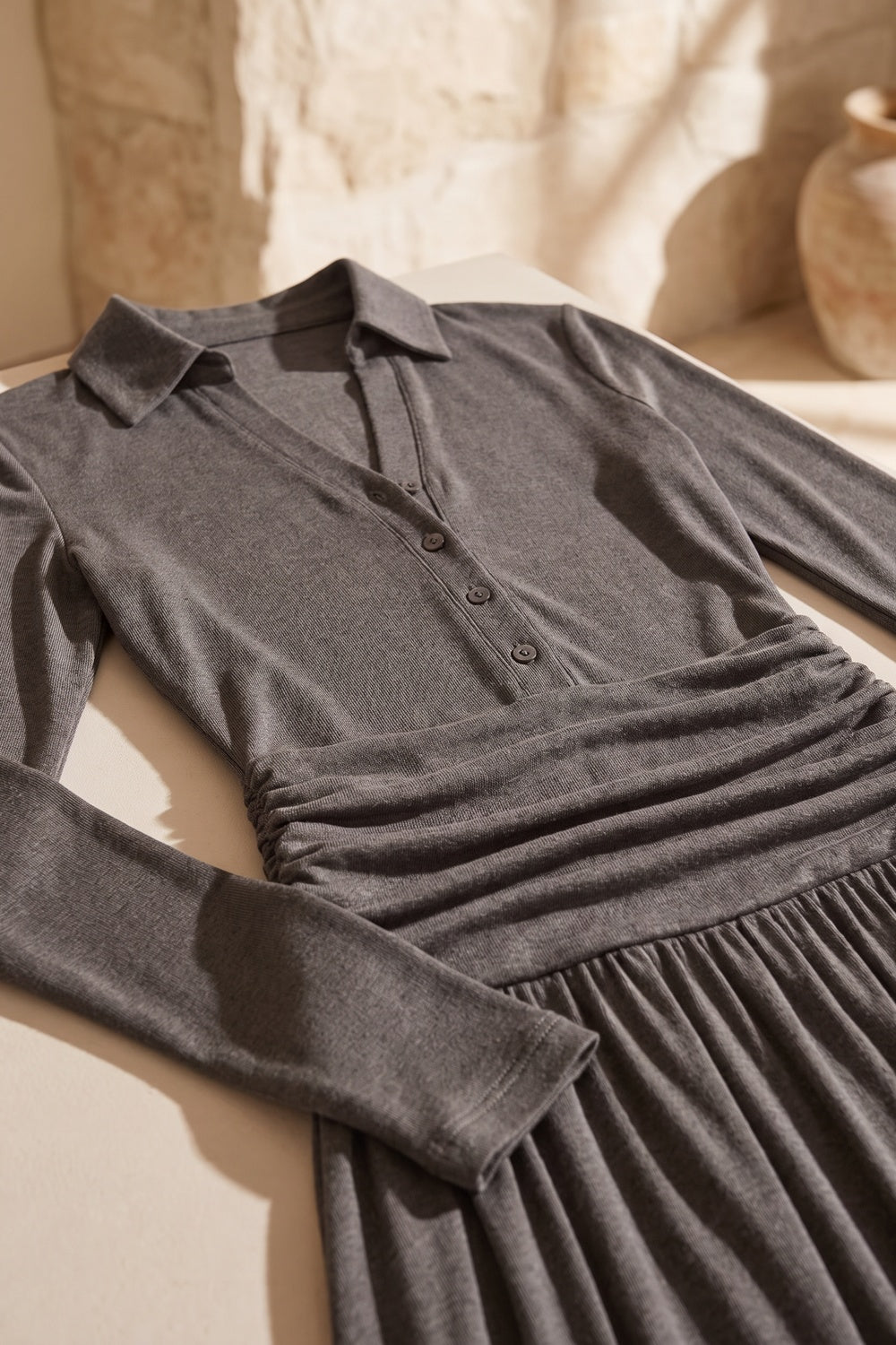 Grey Ruched Maxi Dress with Polo Collar Premium Fabric - product view 9