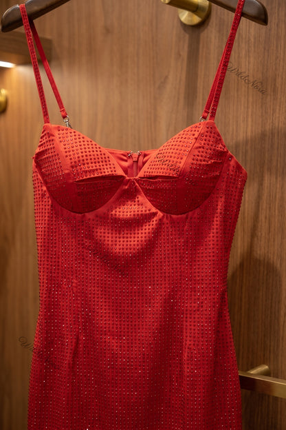 Red Bodycon Mini Dress with Sparkle Overlay red synthetic blend with micro-sparkle overlay dress - product view 7