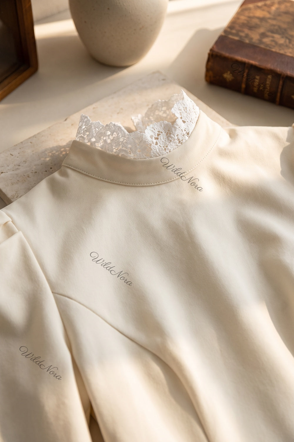 Cream Structured A-Line Mini Dress with Puff Shoulders and Lace Trim cream, off-white structured medium-weight woven or knit mini dress - product view 7