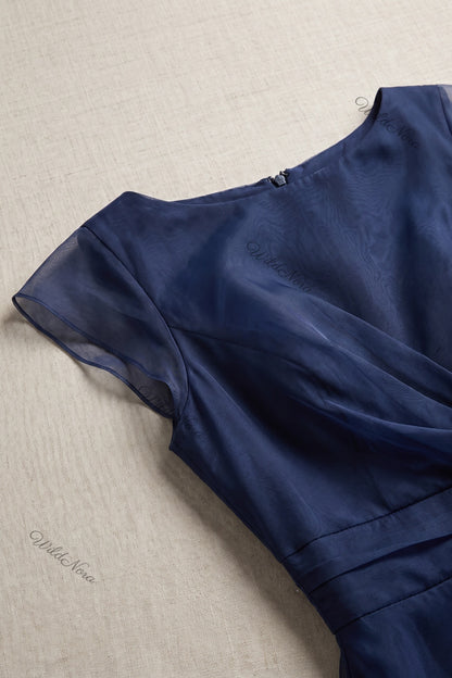 Navy Blue Organza A-line Midi Dress with Ruffle Skirt navy blue organza dress - product view 5