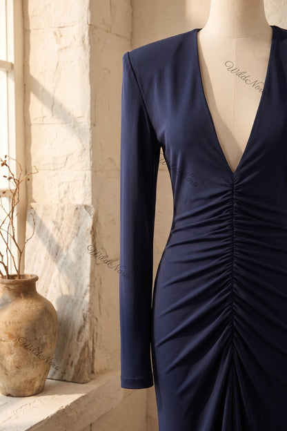 Navy Blue Jersey or Crepe Column with Structured Shoulders Floor-Length Gown navy blue jersey or crepe gown - product view 7