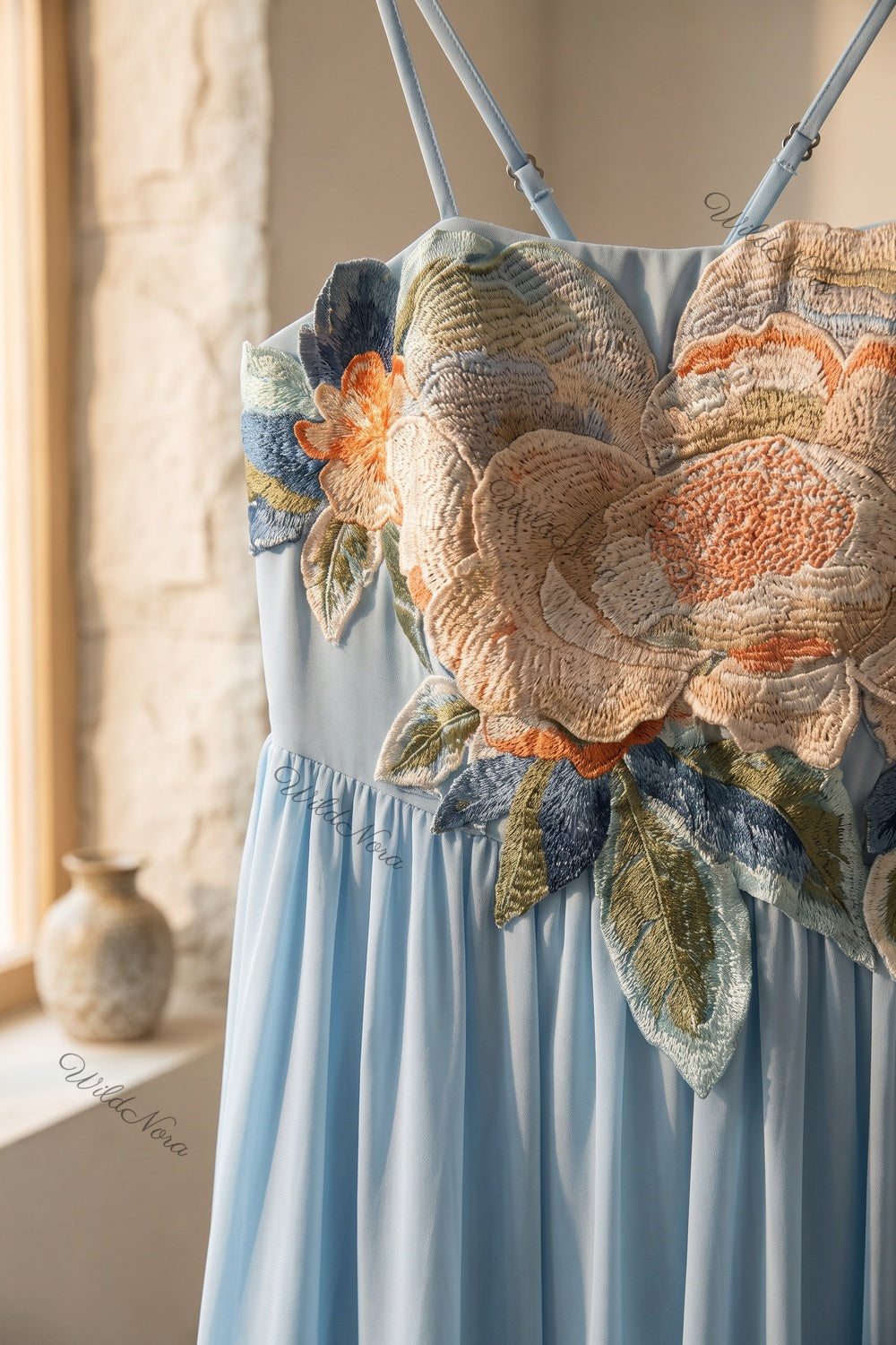 Light Blue Chiffon A-Line Maxi Dress with Floral Applique light blue chiffon dress - product view 7