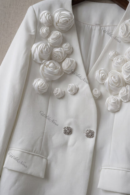 Sculptural Rose Embellished Structured Crepe Blazer in White white structured crepe suiting blazer - product view 7