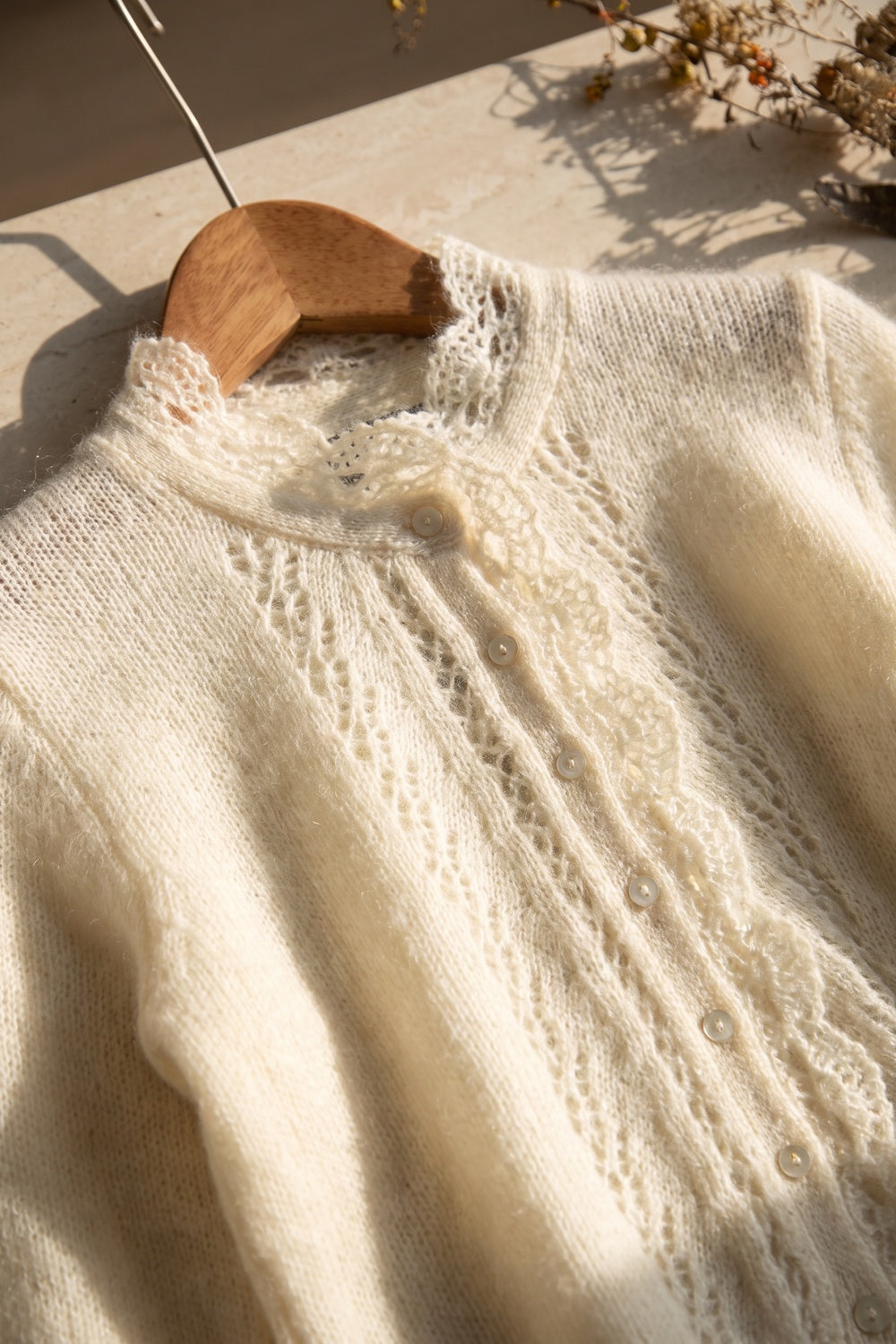 off-white mohair-blend knit cropped cardigan with scalloped lace trim off-white mohair-blend knit cardigan - product view 7
