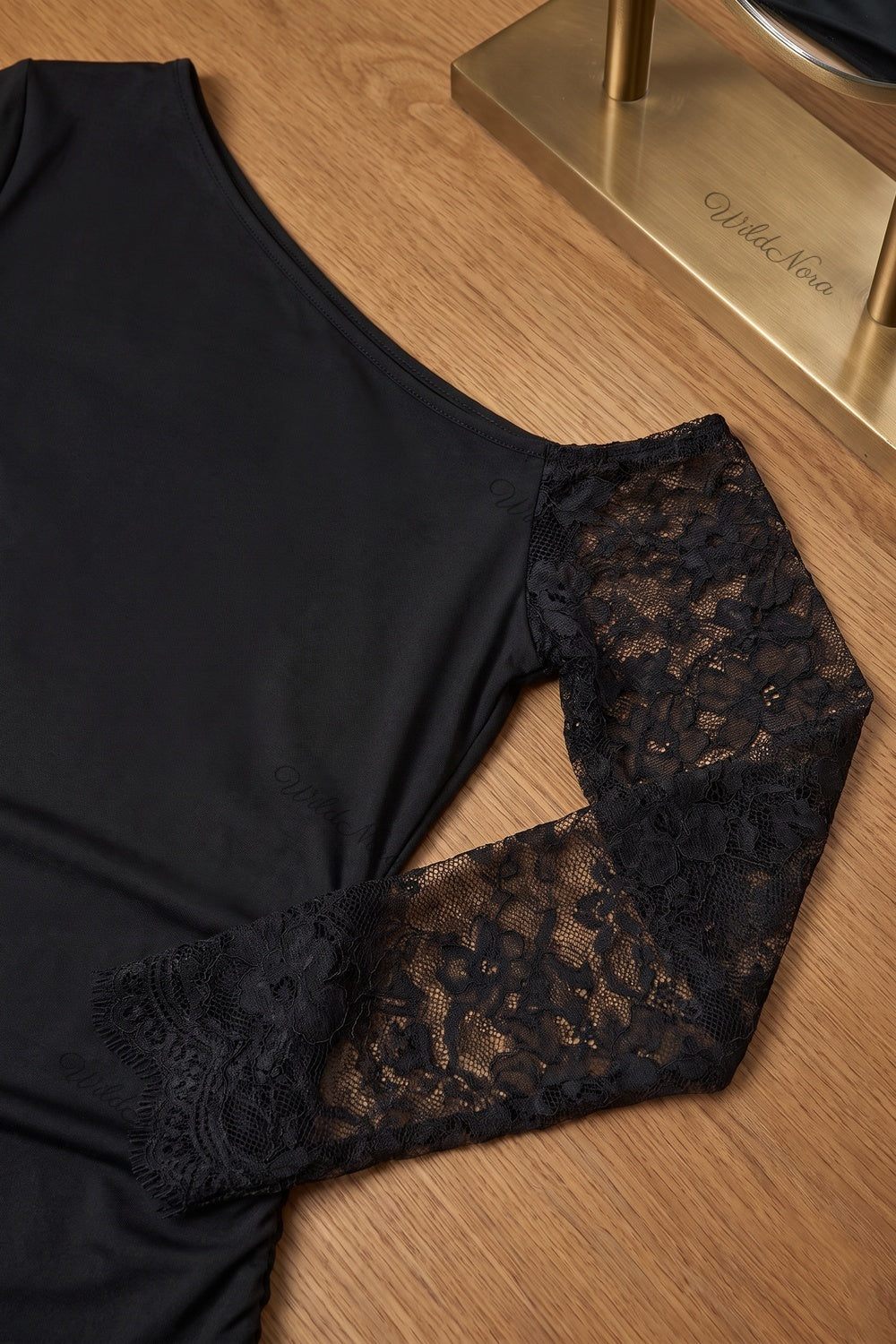 Black Asymmetrical Bodycon Mini Dress with Lace Sleeves black stretch knit jersey dress - product view 7