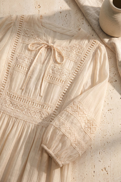 Cream A-Line Midi Dress with Lace Inserts cream, light beige lightweight semi-sheer woven dress - product view 7