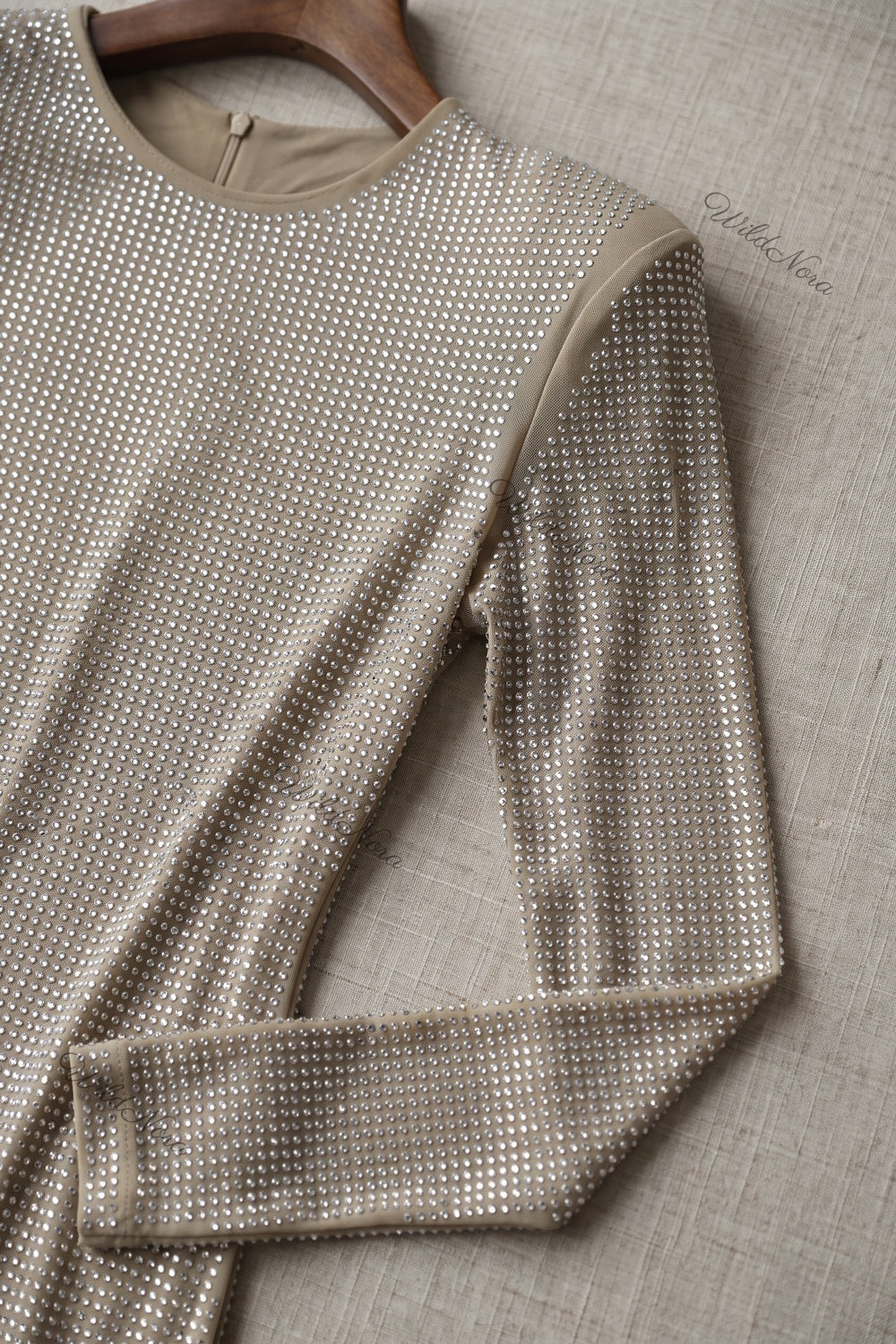 Champagne Beige Bodycon Mini Dress with Asymmetrical Side Drape champagne, beige stretch mesh dress - product view 7