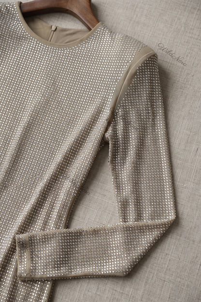 Champagne Beige Bodycon Mini Dress with Asymmetrical Side Drape champagne, beige stretch mesh dress - product view 7