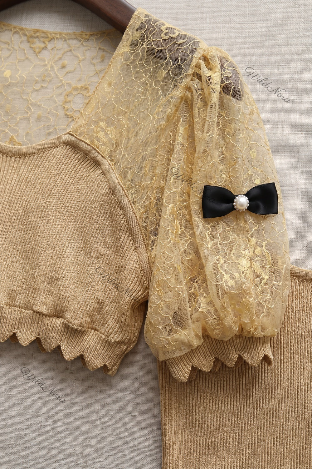 Gold Ribbed Knit Fitted Bodice with Puff Sleeves Top gold, beige ribbed knit top - product view 7