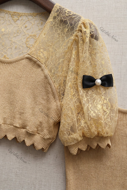 Gold Ribbed Knit Fitted Bodice with Puff Sleeves Top gold, beige ribbed knit top - product view 7