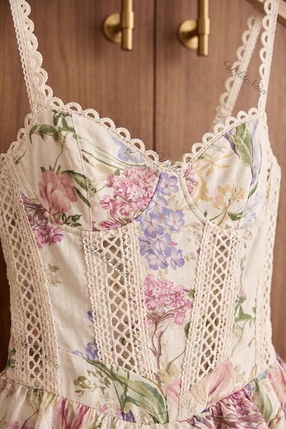 Floral Corset Two-Piece Set with Smocked Mini Skirt off-white, cream cotton-linen blend two-piece set - product view 7