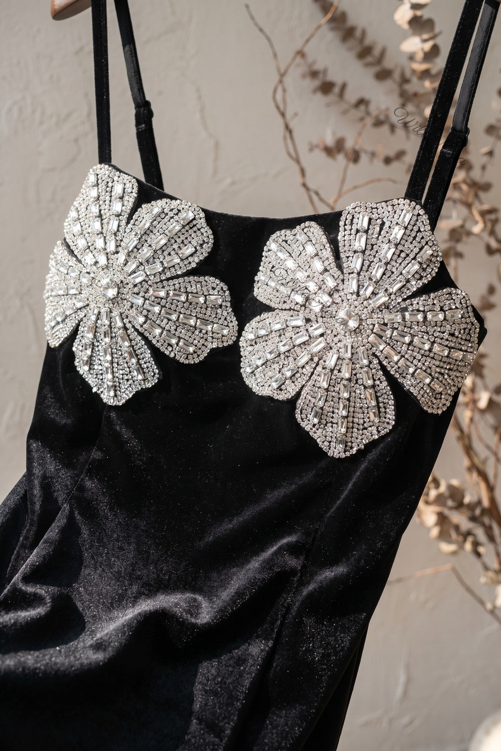Black Velvet Column Dress with Silver Rhinestone Flower Embellishments black velvet dress - product view 7