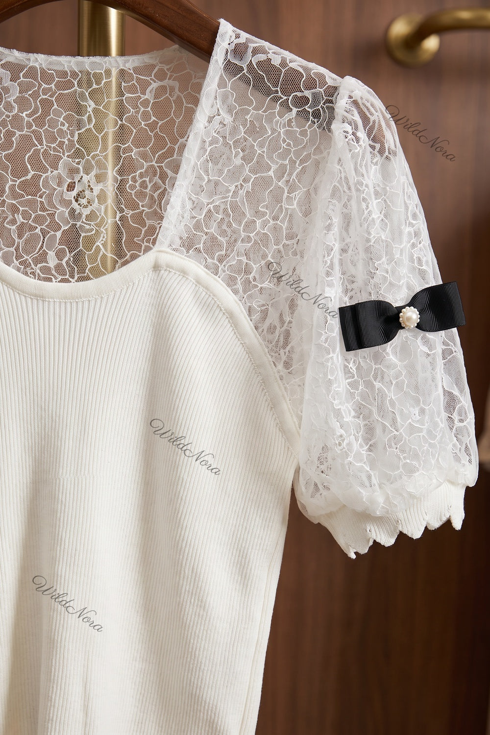 White Ribbed Knit and Lace Puff Sleeve Top with Pearl Bow Details white ribbed knit top - product view 7