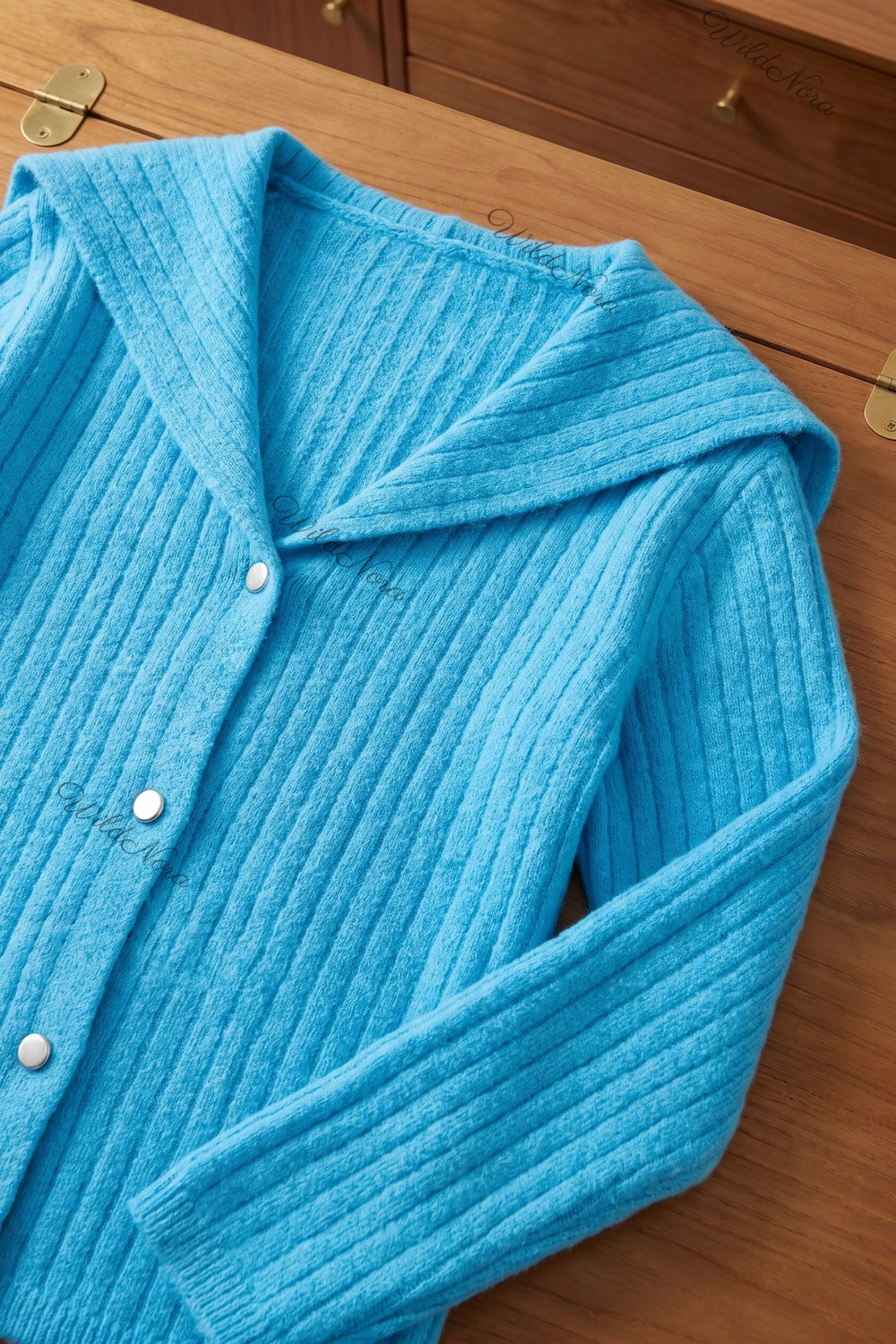 Cyan Blue Ribbed Knit Cardigan with Sailor Collar cyan blue ribbed knit cardigan - product view 7