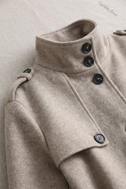 Oatmeal Beige Wool-Blend A-Line Short Belted Jacket oatmeal beige wool-blend short belted jacket - product view 7