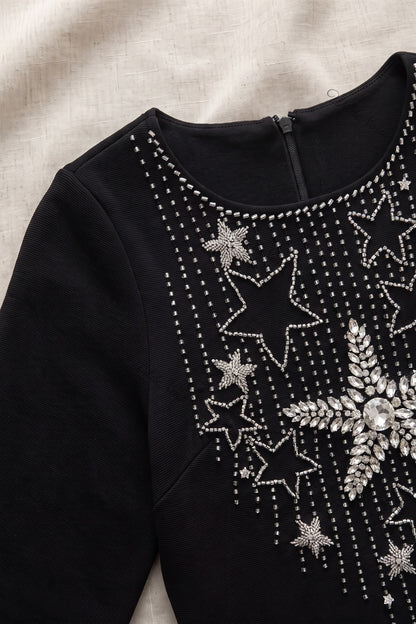 Black Heavy Knit Sheath Dress with Rhinestone Star Embellishment black heavy knit dress - product view 7