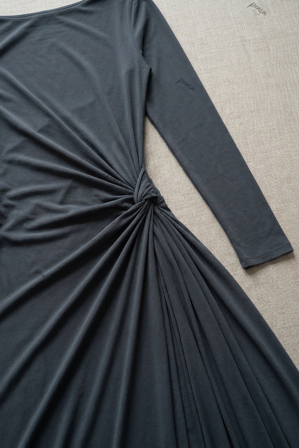 Dark Grey Jersey Knit Dress with Draped Flowing Skirt and Side Knot Detail dark grey jersey knit dress - product view 7