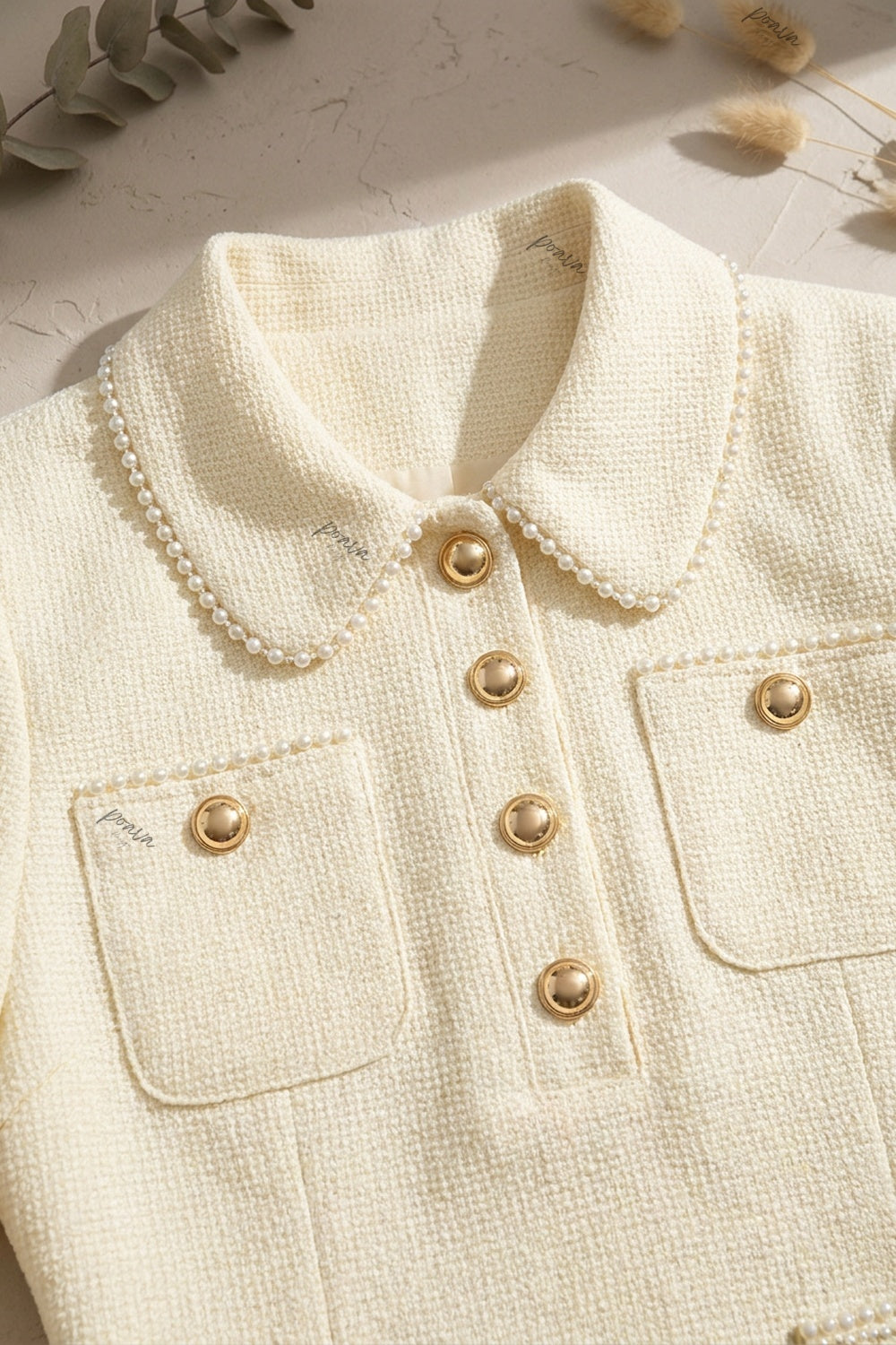 Cream Textured Woven Bouclé A-Line Mini Dress cream textured woven bouclé or heavy crepe dress - product view 7