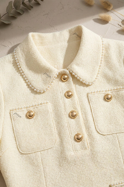 Cream Textured Woven Bouclé A-Line Mini Dress cream textured woven bouclé or heavy crepe dress - product view 7