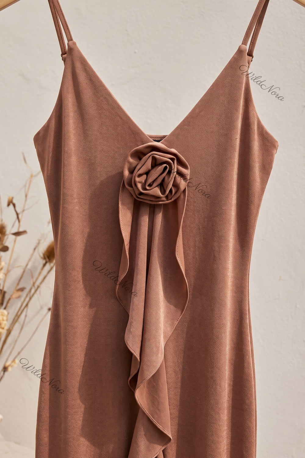 Bronze Brown Stretch Jersey Bodycon Maxi Dress with Front Rosette and Ruffle Detail bronze brown stretch jersey maxi dress - product view 7