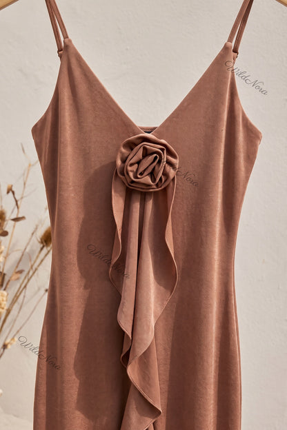 Bronze Brown Stretch Jersey Bodycon Maxi Dress with Front Rosette and Ruffle Detail bronze brown stretch jersey maxi dress - product view 7