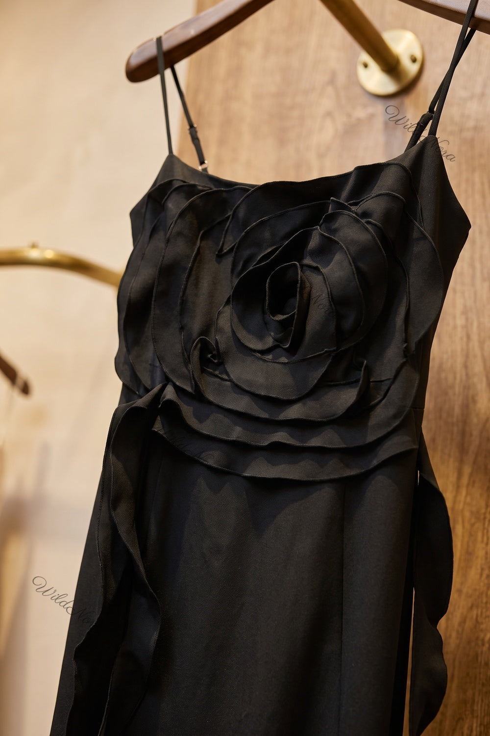 Black Crepe A-Line Midi Dress with Rose Detail black crepe dress - product view 7