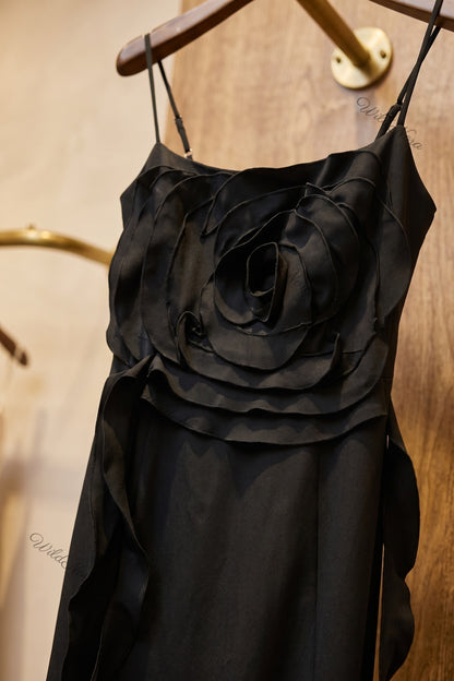 Black Crepe A-Line Midi Dress with Rose Detail black crepe dress - product view 7