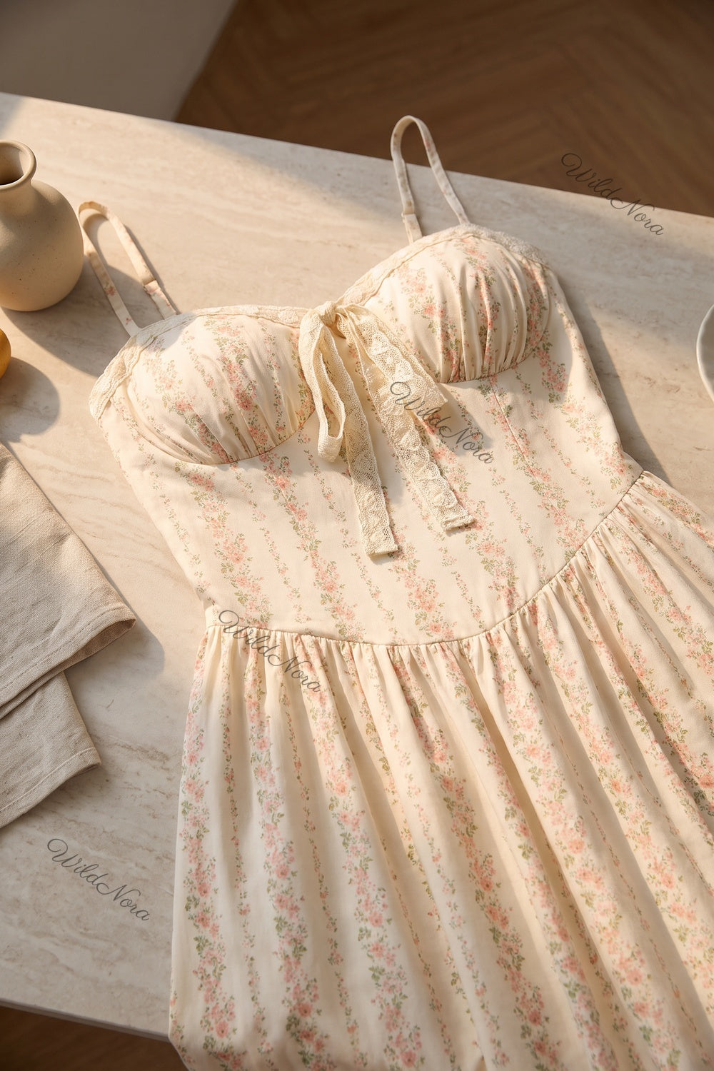 Cream Ditsy Floral Maxi Dress with Smocked Bodice cream, off-white lightweight woven cotton-blend maxi dress - product view 7