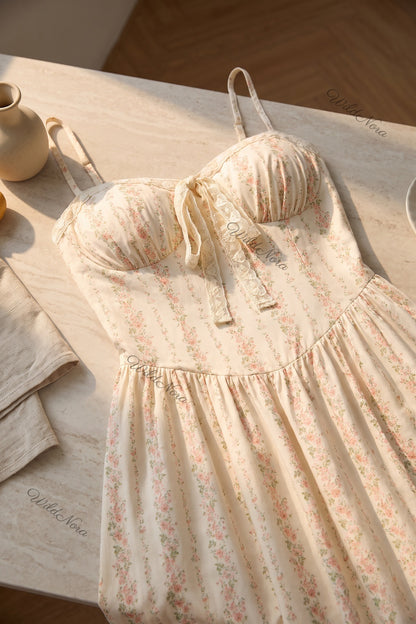 Cream Ditsy Floral Maxi Dress with Smocked Bodice cream, off-white lightweight woven cotton-blend maxi dress - product view 7