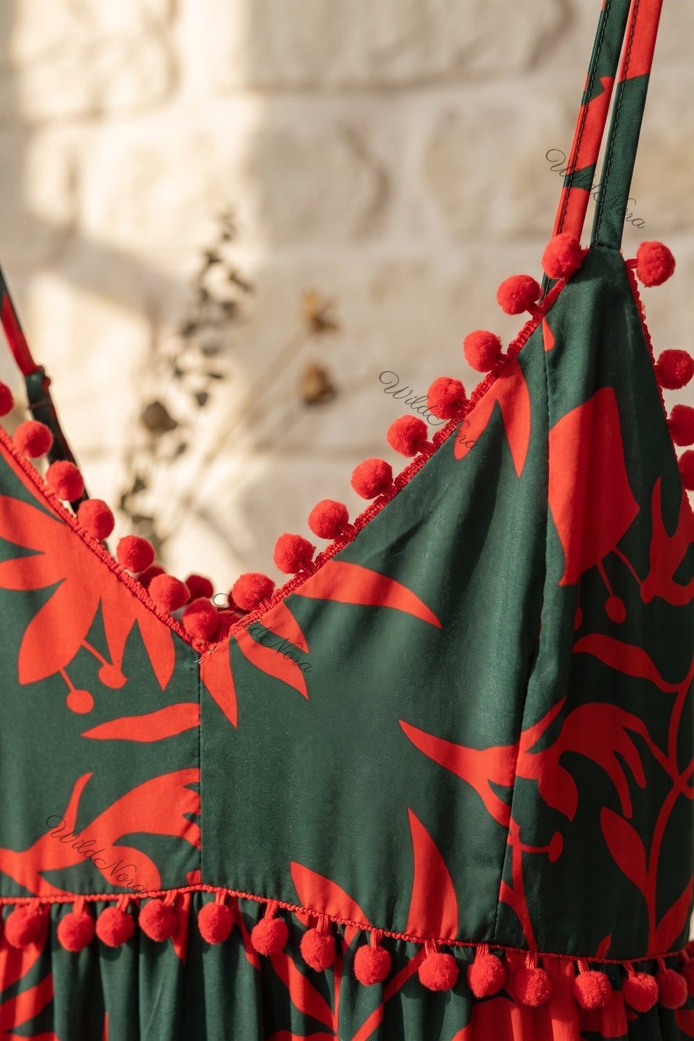 Dark Forest Green Tiered Maxi Dress with Red Botanical Print and Pom-Pom Trim dark forest green lightweight woven synthetic tiered maxi dress - product view 7