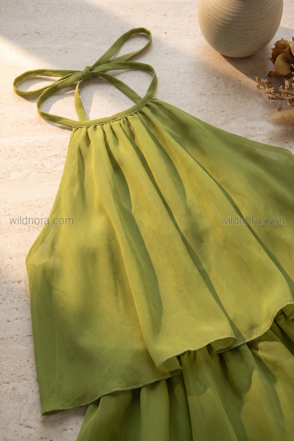 Olive Green Chiffon A-line Tiered Mini Dress olive green chiffon dress - product view 5